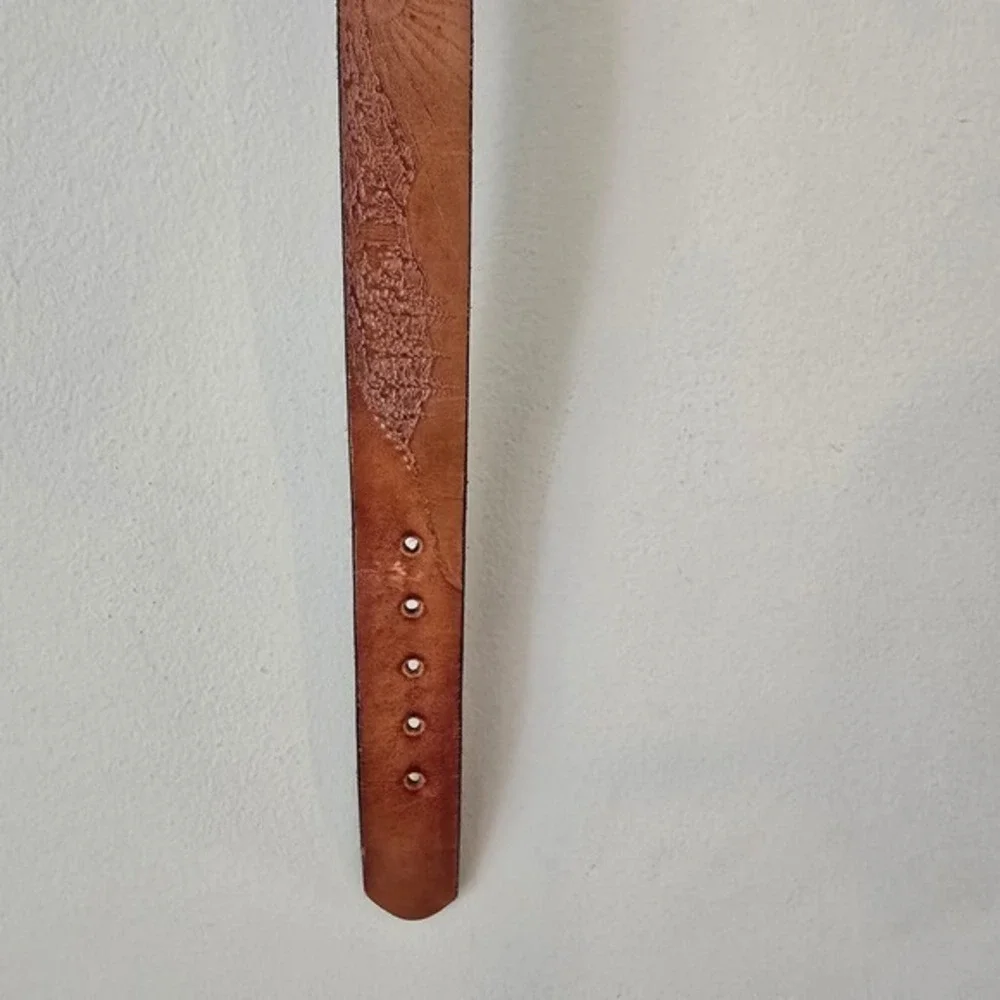 Vintage Tooled Leather Nature‎ Scene Belt Tan Tree Sun Embossed Brass Buckle
